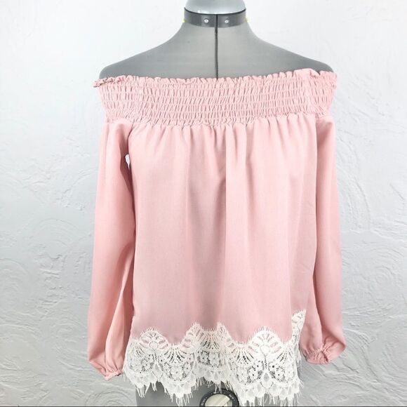 About A Girl Pink Off Shoulder Cream Lace Trim Top - Picture 1 of 8